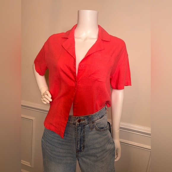 Women's Linen Short Sleeve Button Down Camp Shirt- A New Day, Pink - Picture 6 of 16